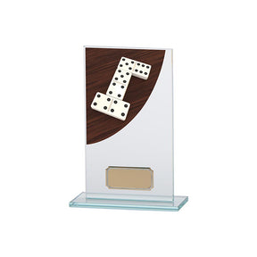 Personalised glass domino award with engraved plaque for domino league winners and tournament presentations