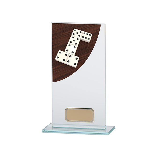 Personalised glass domino award with engraved plaque for domino league winners and tournament presentations