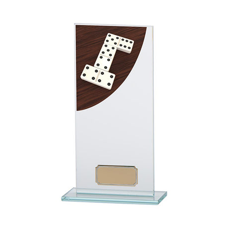 Personalised glass domino award with engraved plaque for domino league winners and tournament presentations
