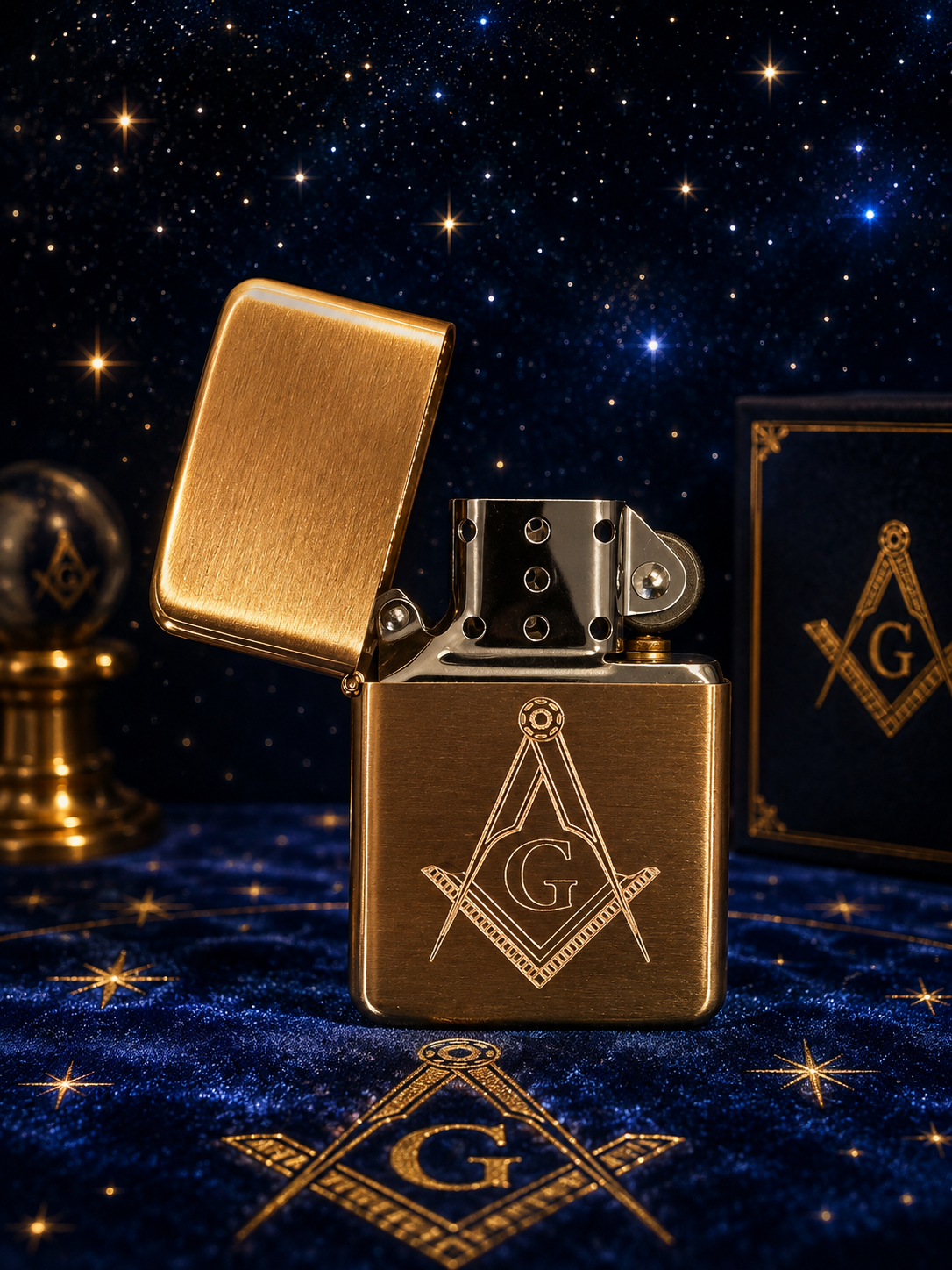 Collection of personalised engraved Masonic Star windproof petrol lighters in presentation gift tins featuring Freemasonry symbols.