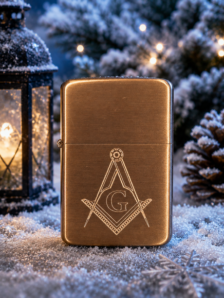 Collection of personalised engraved Masonic Star windproof petrol lighters in presentation gift tins featuring Freemasonry symbols.