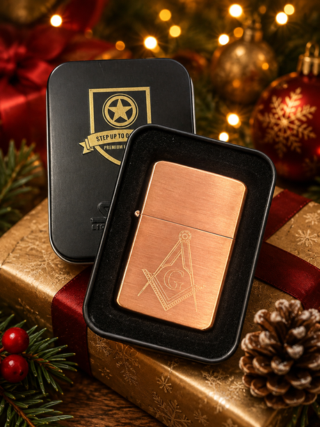 Collection of personalised engraved Masonic Star windproof petrol lighters in presentation gift tins featuring Freemasonry symbols.