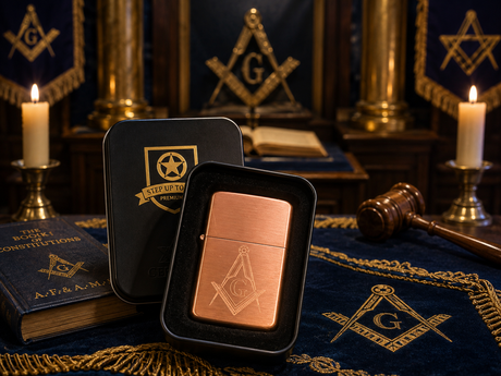 Collection of personalised engraved Masonic Star windproof petrol lighters in presentation gift tins featuring Freemasonry symbols.