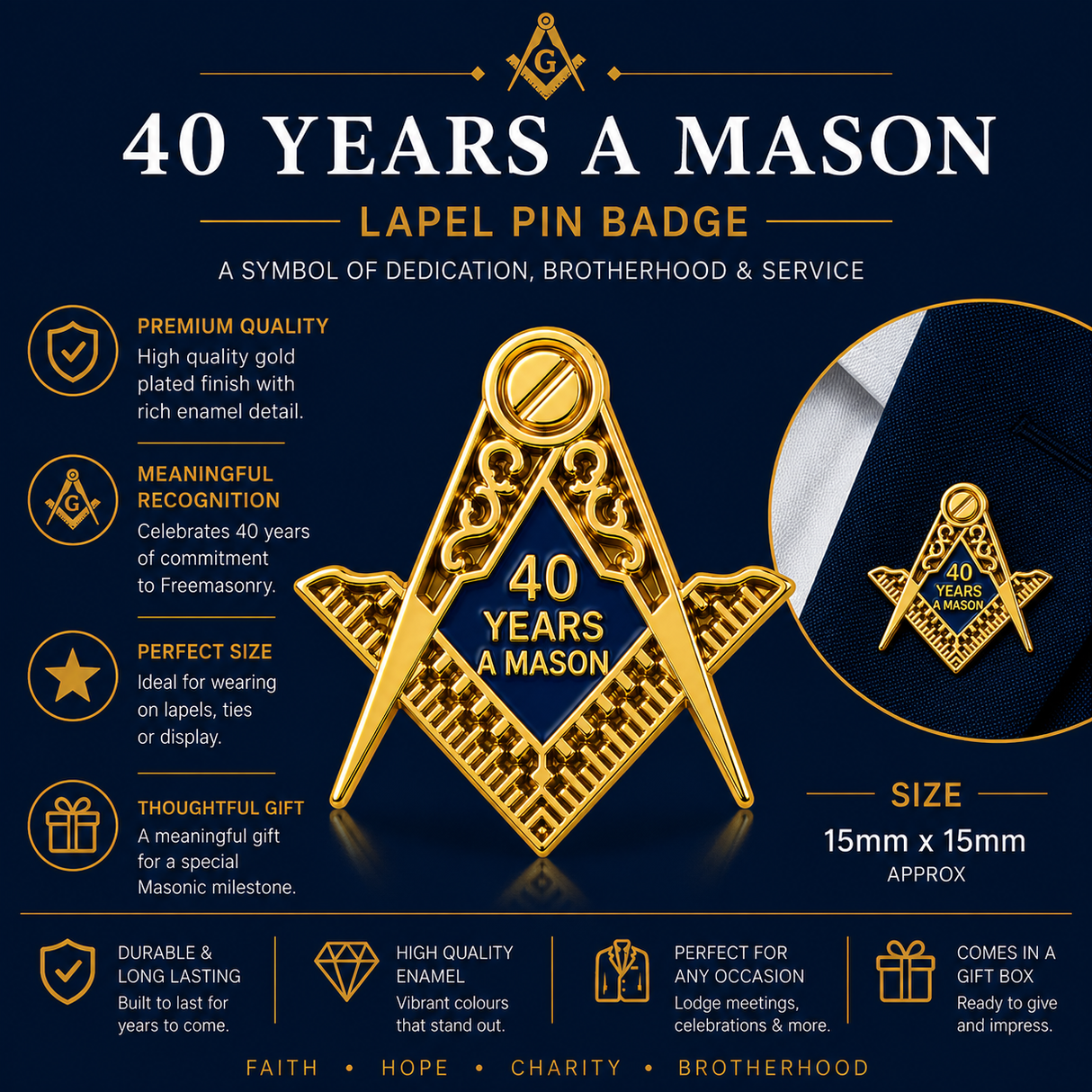 Freemasons Masonic 40 Years A Mason Enamel Lapel Pin Badge – 15mm x 15mm