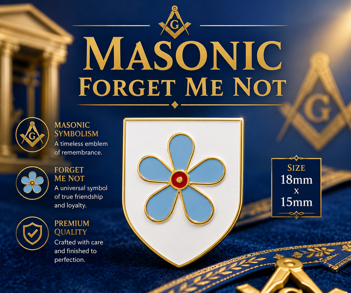 Forget Me Not on Shield Freemasons Masonic Lapel Pin Badge – 18mm x 15mm