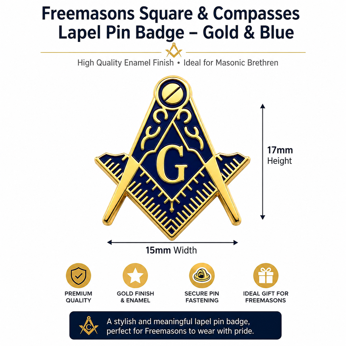 Freemasons Square & Compass Lapel Pin Badge Gold and Blue – 19mm x 15mm
