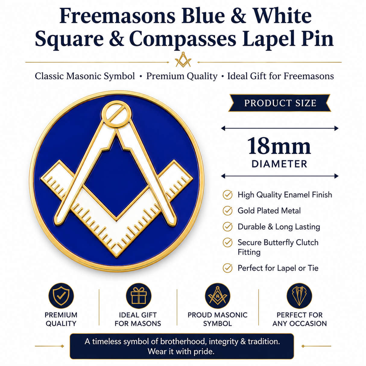 Freemasons Blue & White Square and Compass Lapel Pin Badge – 18mm