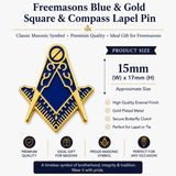 Freemasons Blue & Gold Square & Compass No G Lapel Pin Badge – 17mm x 15mm