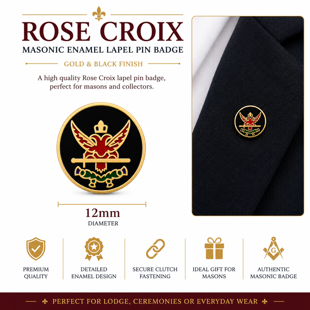 Freemasons Small Rose Croix Enamel Lapel Pin Badge – 12mm x 12mm