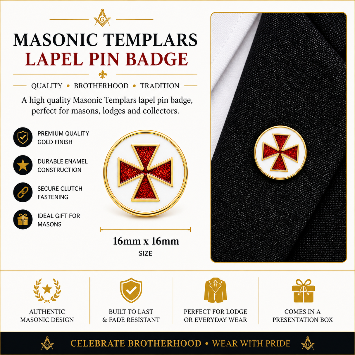Freemasons Masonic Knights Templar Enamel Lapel Pin Badge – 16mm x 16mm