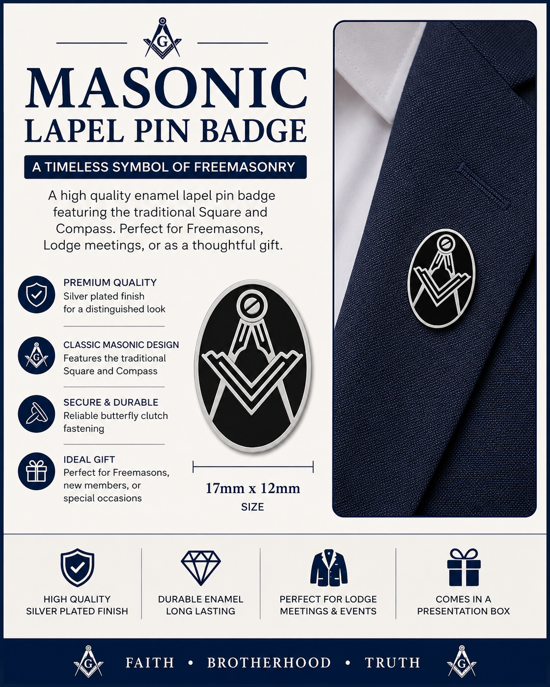 Freemasons Oval Black & Silver Square and Compass Enamel Lapel Pin Badge – 17mm x 12mm