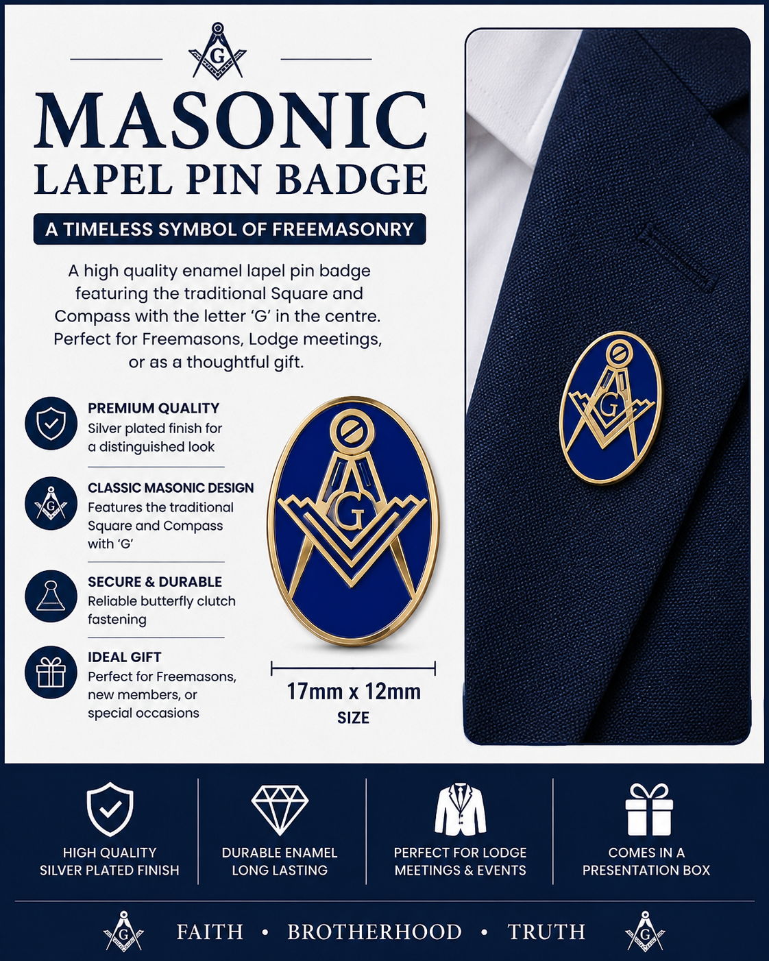 Freemasons Oval Square and Compass With G Enamel Lapel Pin Badge – 17mm x 12mm