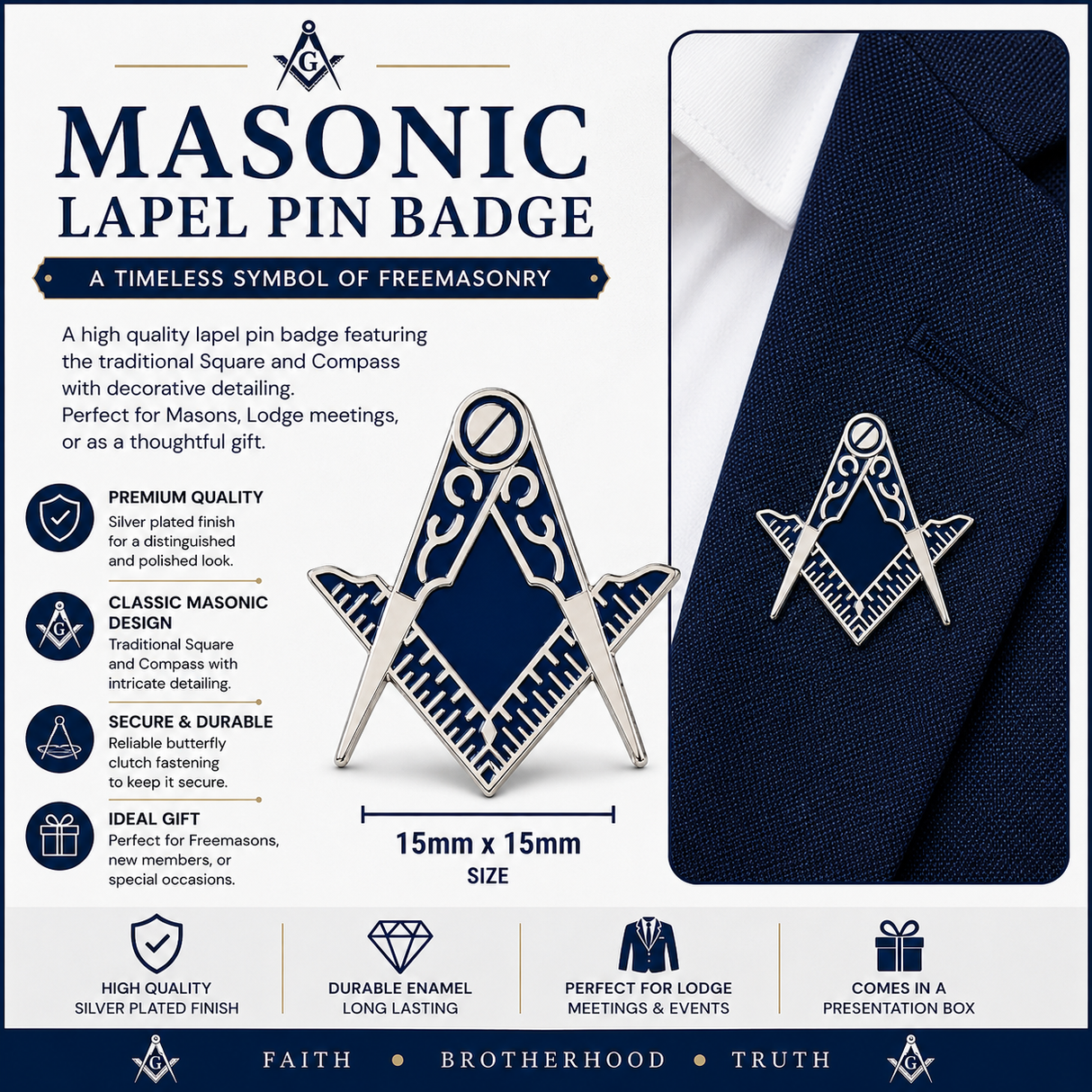 Freemasons Masonic Crest Blue and Silver Enamel Lapel Pin Badge – 15mm x 15mm