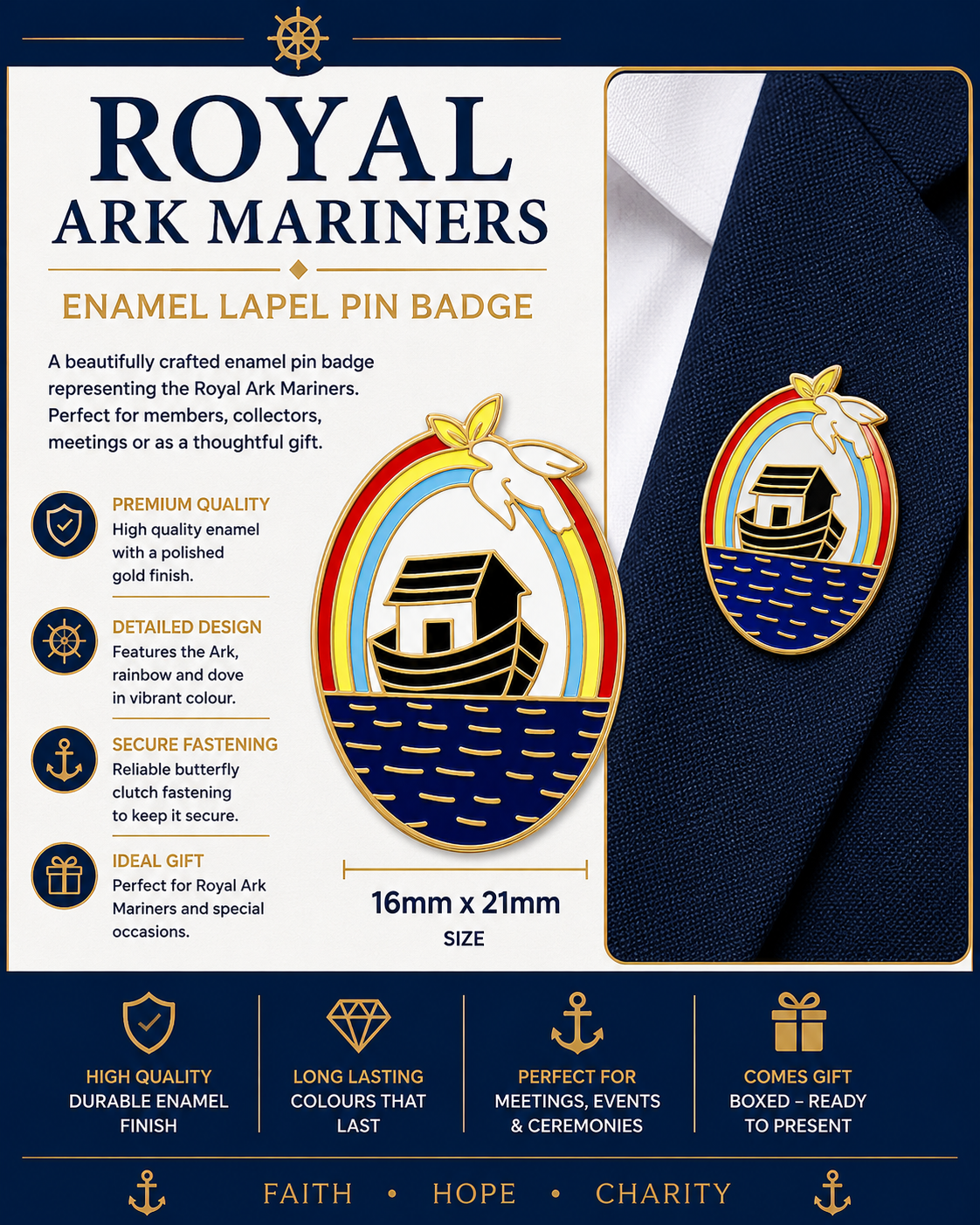 Freemasons Masonic Royal Ark Mariners Enamel Lapel Pin Badge – 16mm x 21mm