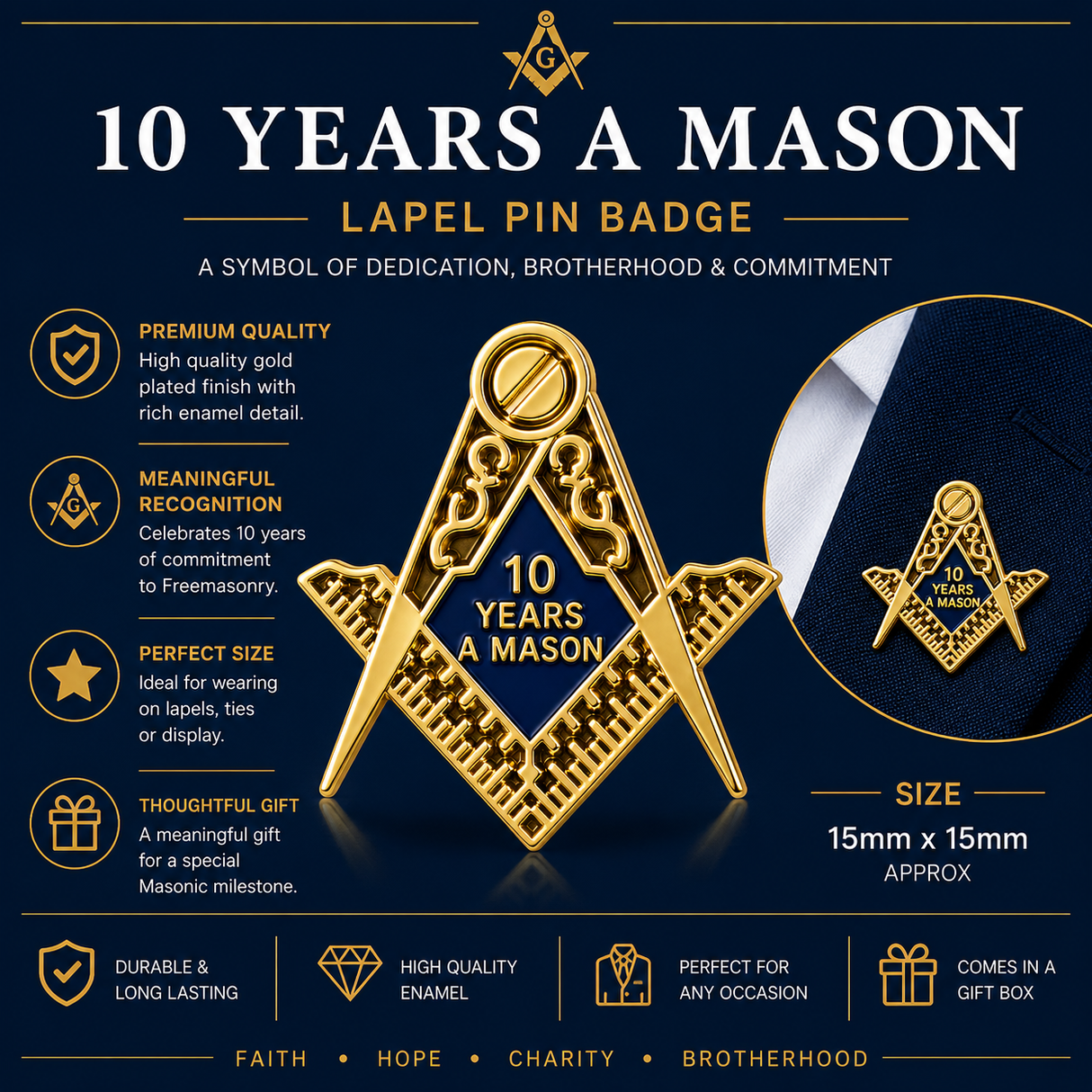 Freemasons Masonic 10 Years A Mason Enamel Lapel Pin Badge – 15mm x 15mm