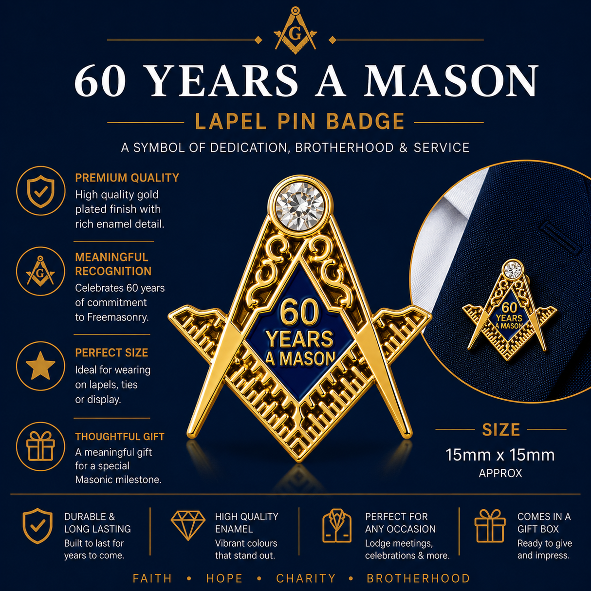 Freemasons Masonic 60 Years A Mason Enamel Lapel Pin Badge – 15mm x 15mm
