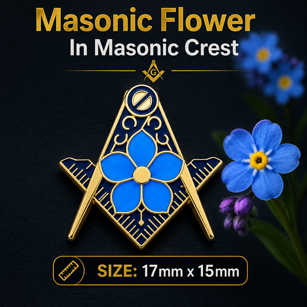 Forget Me Not in Gold Crest Freemasons Masonic Lapel Pin Badge – 17mm x 15mm