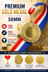 Number Three Third Place 50mm Combo Medal & Ribbon (MED1) Engraved Free