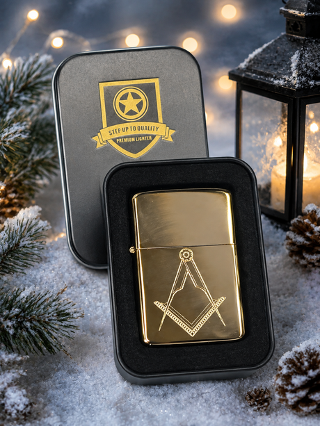 Personalised Star windproof petrol lighter engraved with custom design supplied in presentation gift tin.