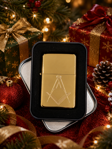 Personalised Star windproof petrol lighter engraved with custom design supplied in presentation gift tin.