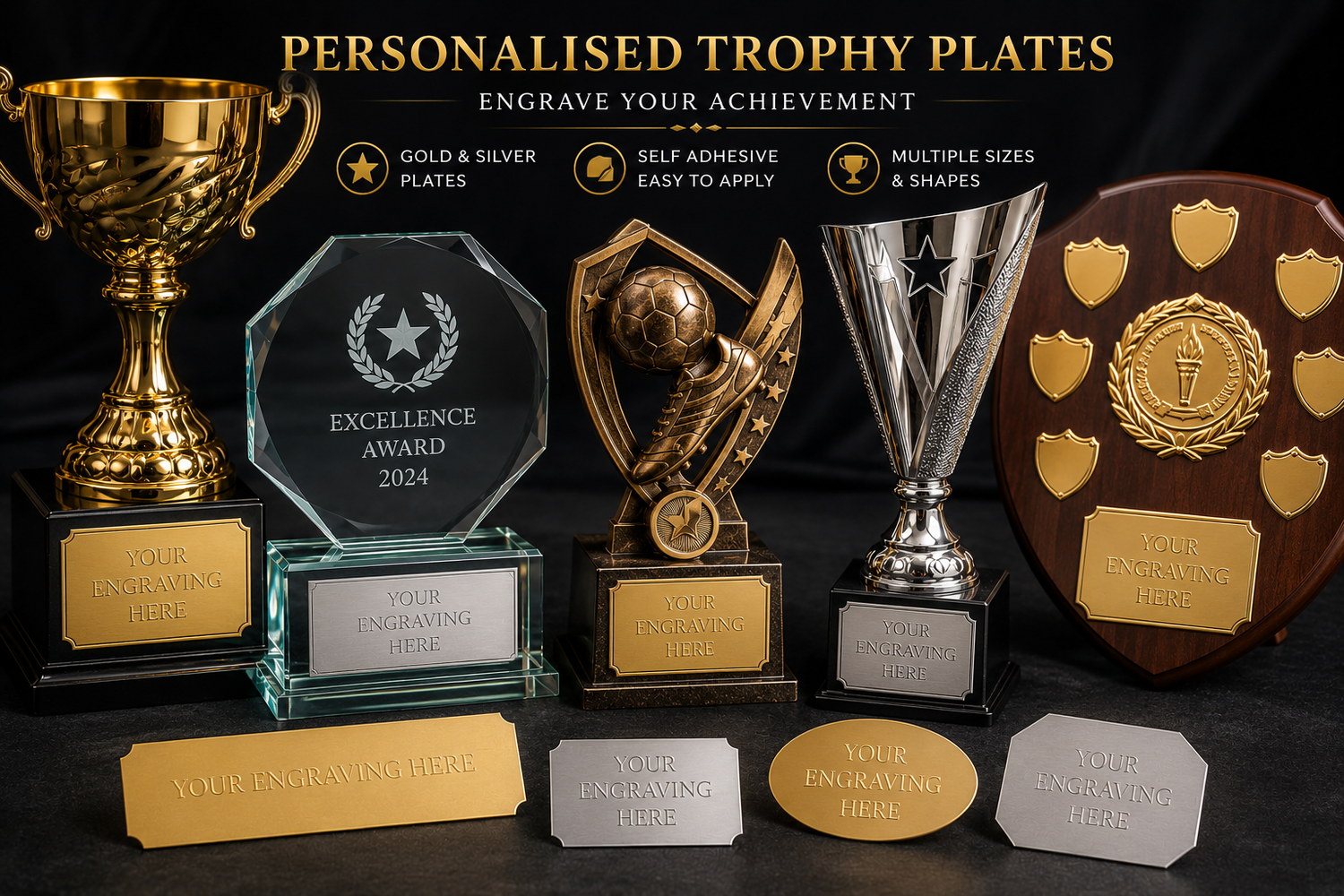 Silver and Gold engraved trophy plates personalised self adhesive