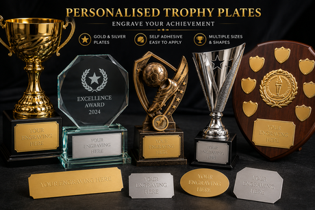 Silver and Gold engraved trophy plates personalised self adhesive