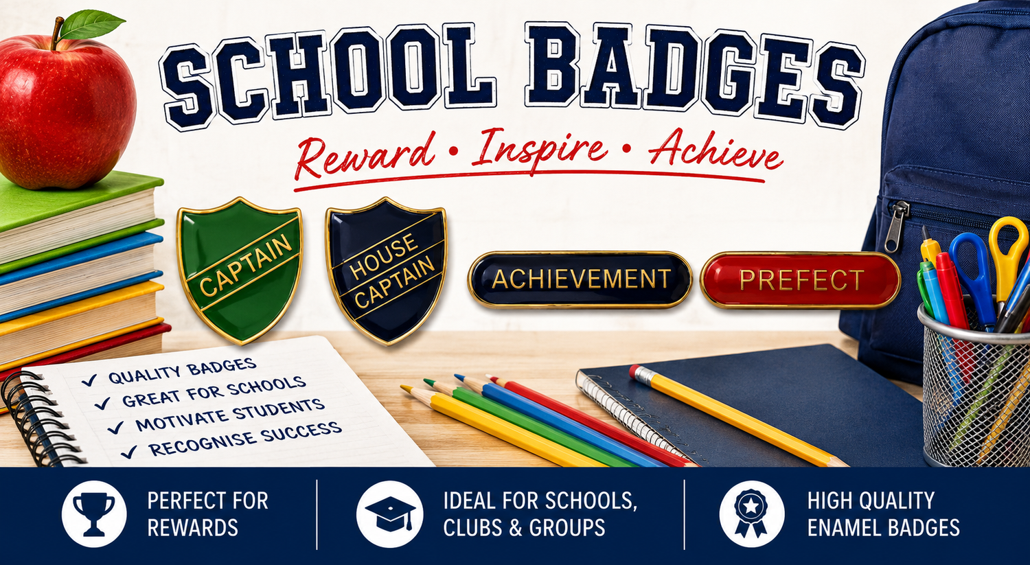 Achievement School Bar Badge – Enamel Award Blue Badge with Secure Fastening – 40mm