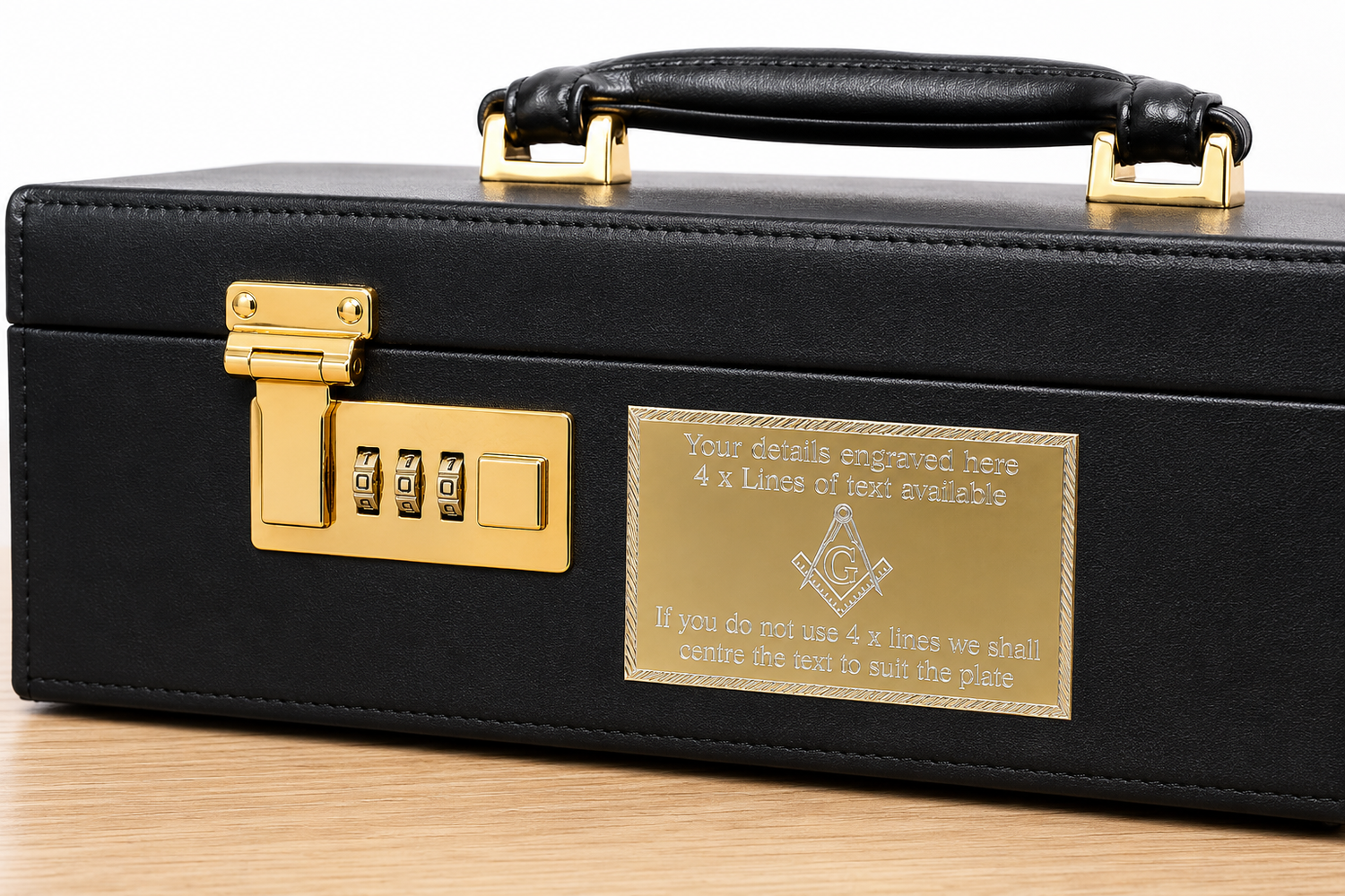 (MP15) Personalised 60 mm x 35 mm Gold Masonic Crest & G Case Name Plate