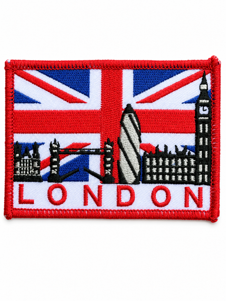 London skyline embroidered patch featuring the Union Jack, Big Ben, Tower Bridge and the Gherkin with a red stitched border, suitable for iron-on or sew-on application.