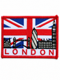 London skyline embroidered patch featuring the Union Jack, Big Ben, Tower Bridge and the Gherkin with a red stitched border, suitable for iron-on or sew-on application.