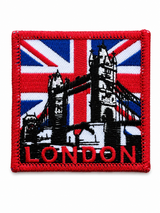 Square London Tower Bridge embroidered patch featuring a Union Jack background with a red stitched border, suitable for iron-on or sew-on application.