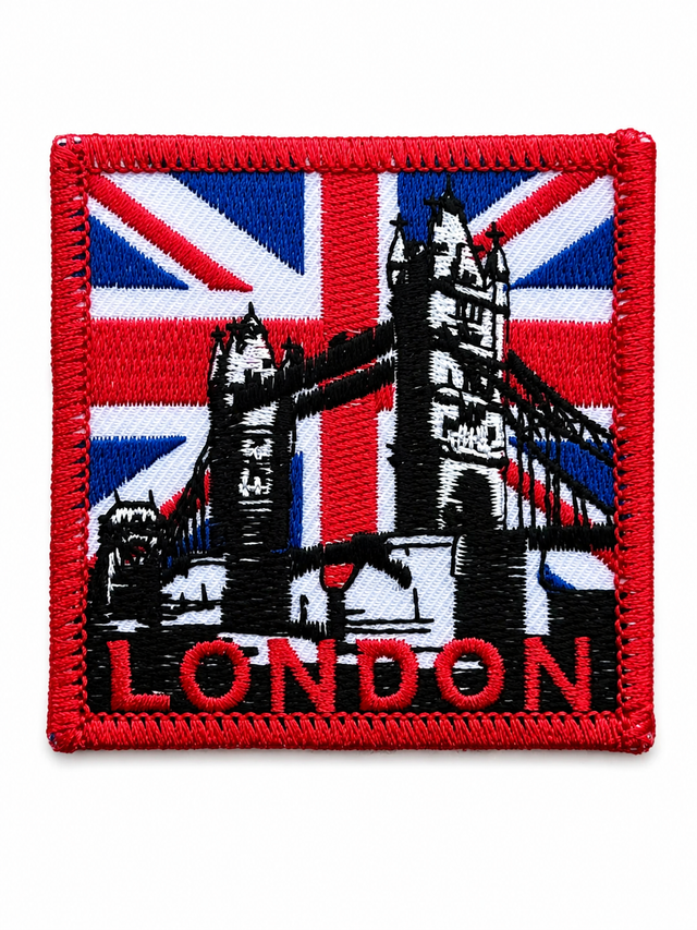 Square London Tower Bridge embroidered patch featuring a Union Jack background with a red stitched border, suitable for iron-on or sew-on application.