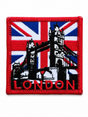 Square London Tower Bridge embroidered patch featuring a Union Jack background with a red stitched border, suitable for iron-on or sew-on application.