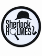 Round Sherlock Holmes embroidered patch featuring a bowler hat, magnifying glass and pipe in black on a white background with a black stitched border, suitable for iron-on or sew-on application.