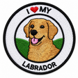 Round embroidered patch featuring a happy Labrador with the text "I Love My Labrador", black stitched border and white background, suitable for iron-on or sew-on application.