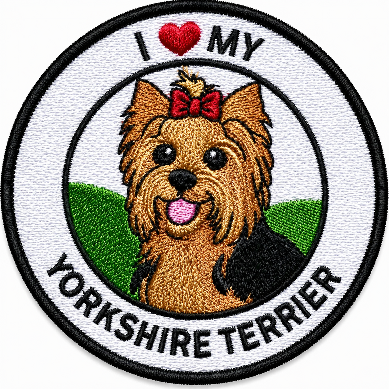 Round embroidered patch featuring a Yorkshire Terrier with the text "I Love My Yorkshire Terrier", black stitched border and white background, suitable for iron-on or sew-on application.