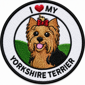 Round embroidered patch featuring a Yorkshire Terrier with the text "I Love My Yorkshire Terrier", black stitched border and white background, suitable for iron-on or sew-on application.