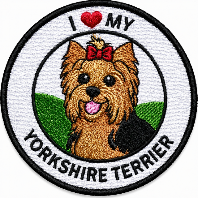 Round embroidered patch featuring a Yorkshire Terrier with the text "I Love My Yorkshire Terrier", black stitched border and white background, suitable for iron-on or sew-on application.