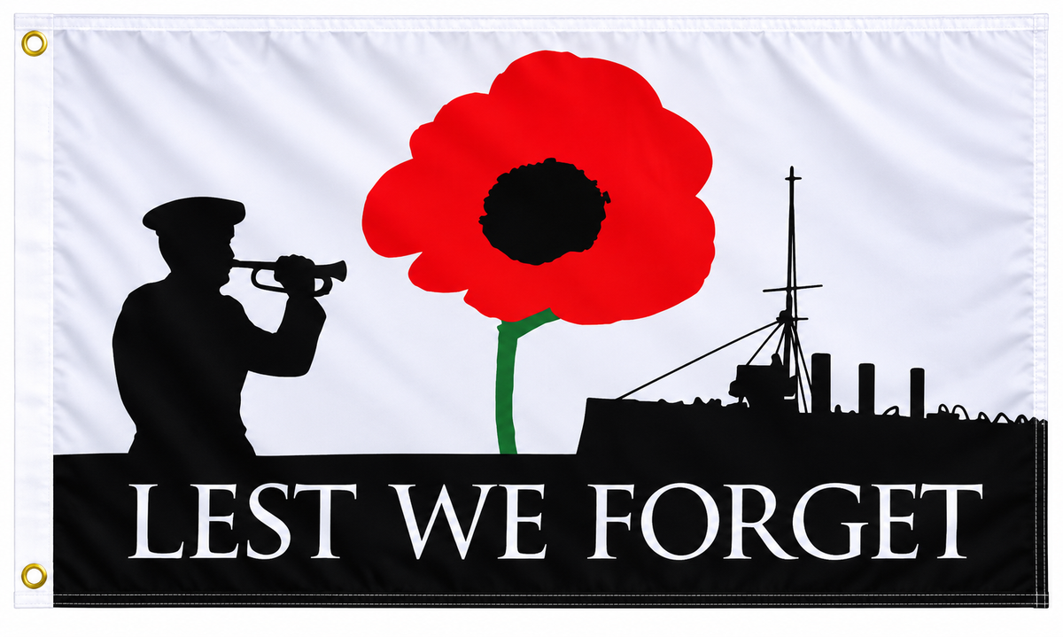Royal Navy Lest We Forget remembrance flag 3ft x 2ft with red poppy bugler and warship