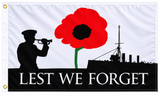 Royal Navy Lest We Forget remembrance flag 3ft x 2ft with red poppy bugler and warship