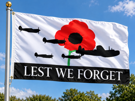 3ft x 2ft Lest We Forget RAF poppy remembrance flag flying on flagpole