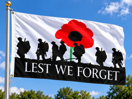 3ft x 2ft Lest We Forget Army poppy remembrance flag flying on a flagpole