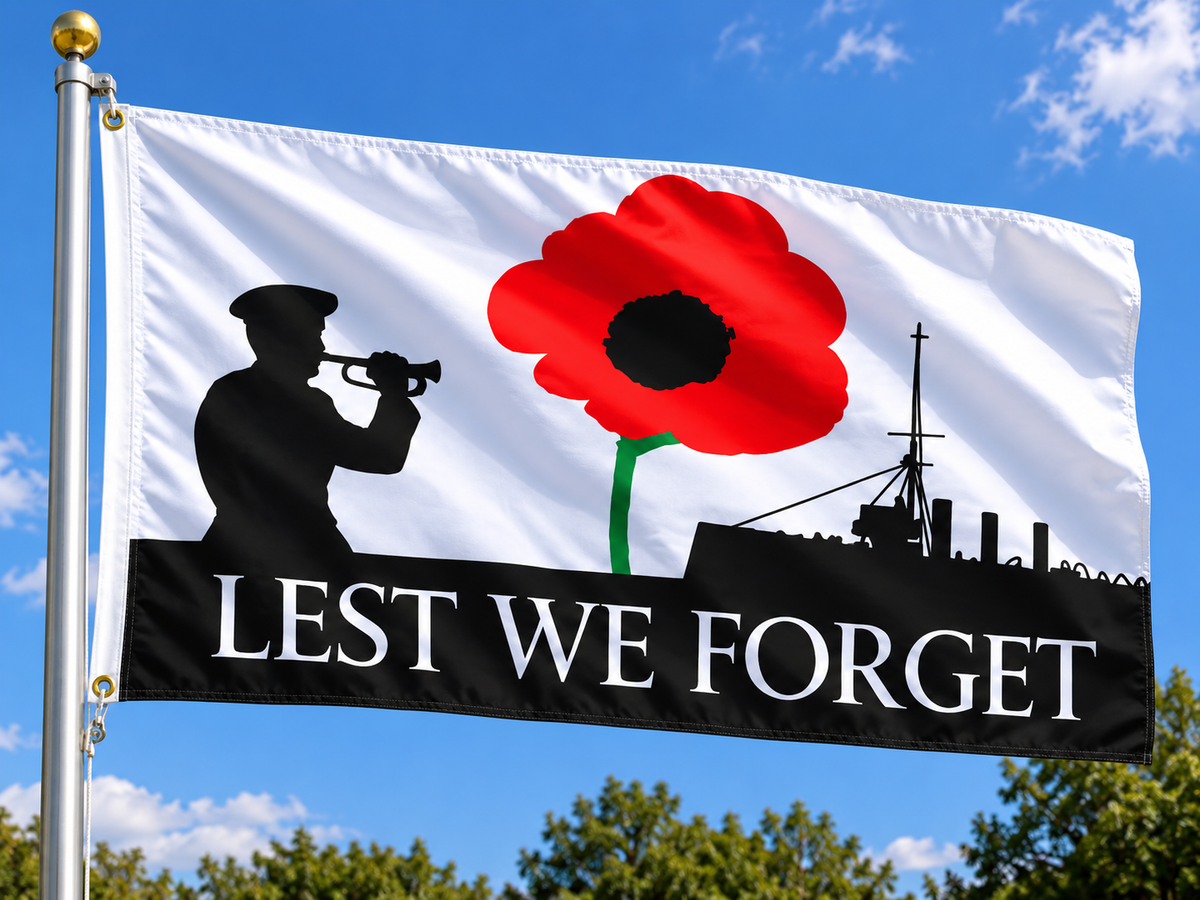 3ft x 2ft Royal Navy Lest We Forget poppy remembrance flag flying on flagpole