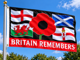 Britain Remembers 5ft x 3ft poppy remembrance flag flying on a flagpole