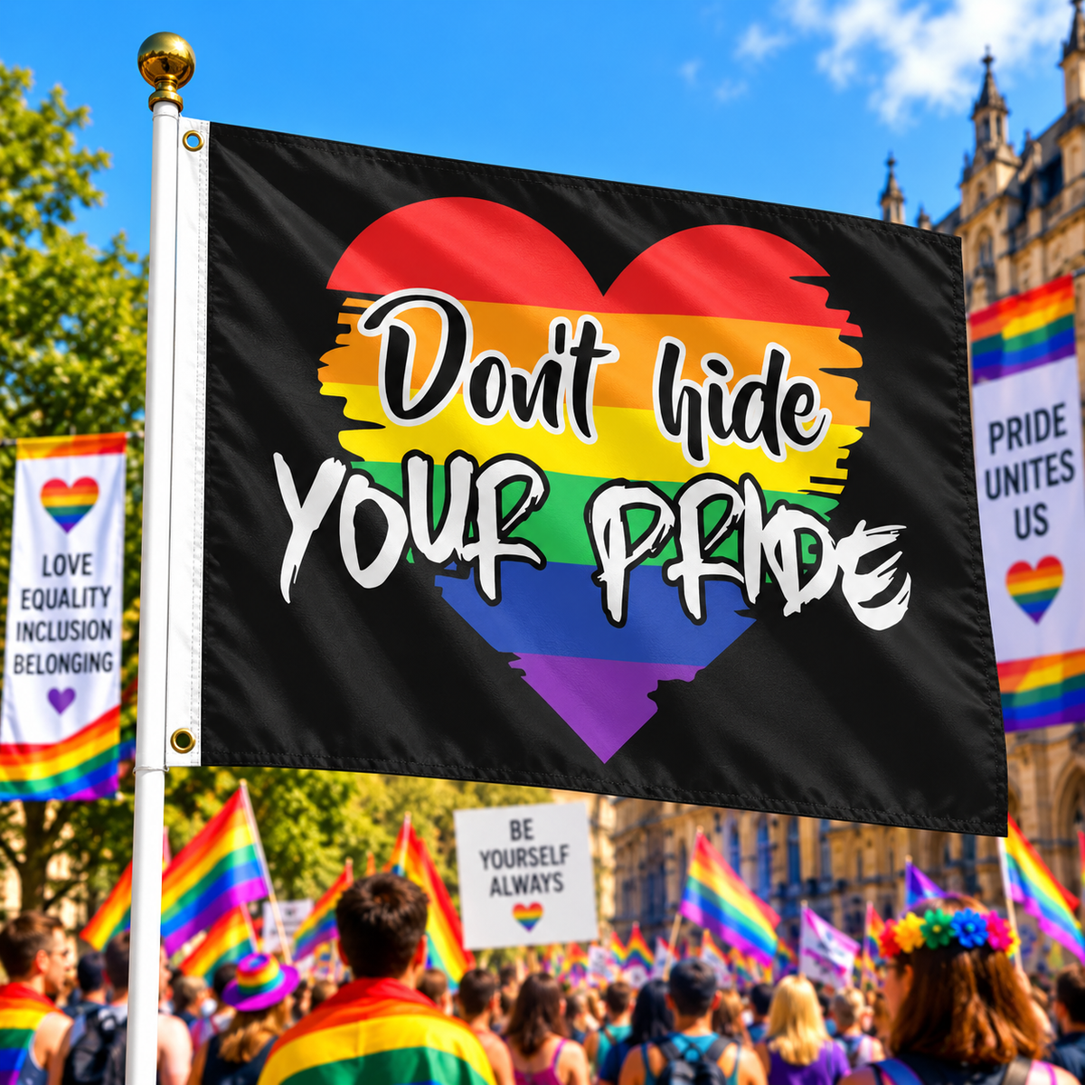 Shop our 5ft x 3ft Don't Hide Your Pride Flag with colourful rainbow heart design. Woven polyester with double-sewn edges and two metal eyelets.