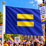 Equality Pride Flag with yellow equals symbol flying on a flagpole at a colourful Pride rally