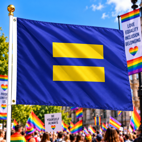 Equality Pride Flag with yellow equals symbol flying on a flagpole at a colourful Pride rally