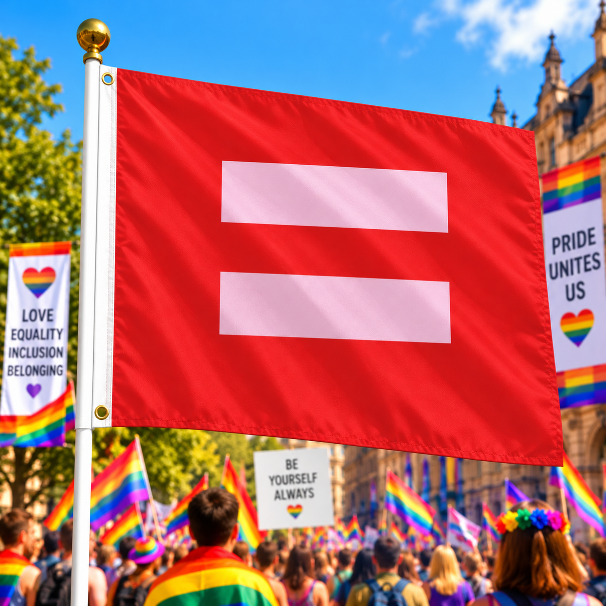 Red and pink Equality Pride Flag 5ft x 3ft flying on a flagpole at a colourful Pride rally