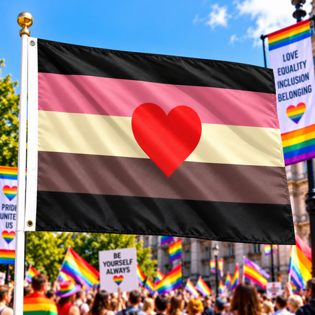 Fat Fetish Pride Flag 5ft x 3ft flying on a flagpole at a colourful Pride rally