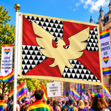 Feather Pride Flag 5ft x 3ft flying on a flagpole at a colourful Pride rally